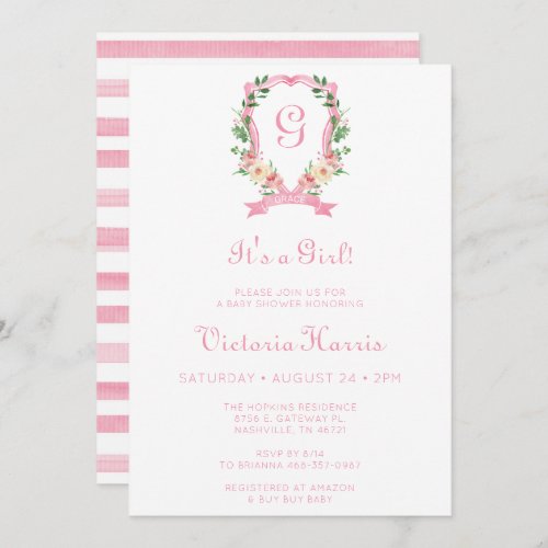 Pink Floral Crest Its A Girl Baby Shower Invitation