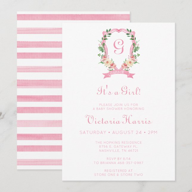 Pink Floral Crest It's A Girl Baby Shower Invitation (Front/Back)