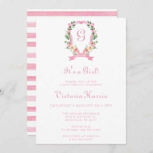 Pink Floral Crest Its A Girl Baby Sprinkle Invitation