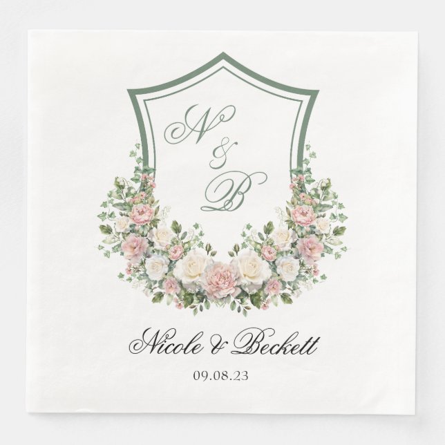 Pink Floral Crest Paper Dinner Napkins (Front)
