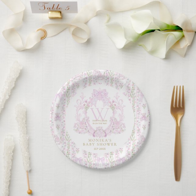 Pink Floral Crest Preppy Girl Baby Shower Paper Plates (Wedding)