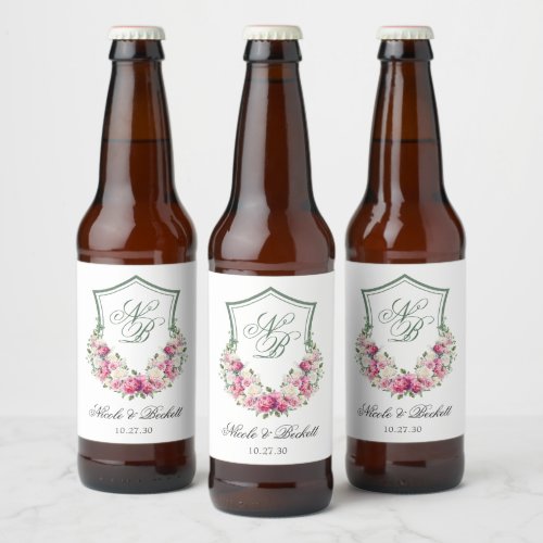 Pink Floral Crest Wedding Beer Bottle Label