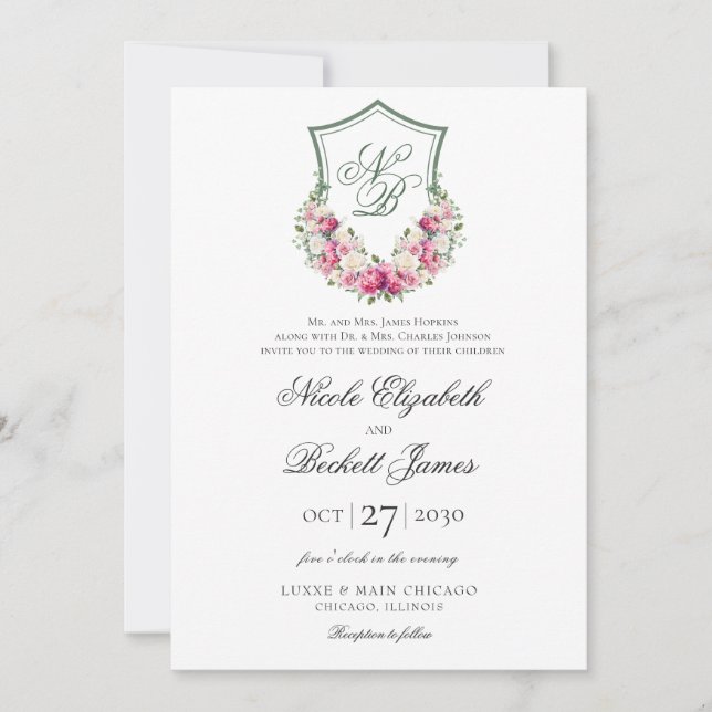 Pink Floral Crest Wedding Invitation (Front)