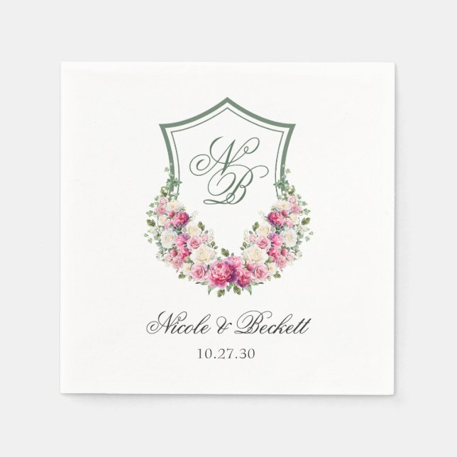 Pink Floral Crest Wedding Napkins (Front)