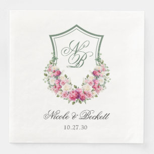 Pink Floral Crest Wedding Paper Dinner Napkins
