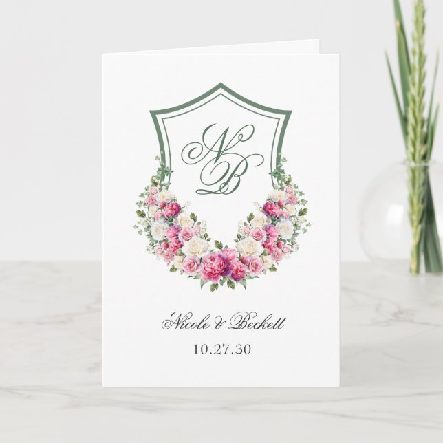 Pink Floral Crest Wedding Program (Front)