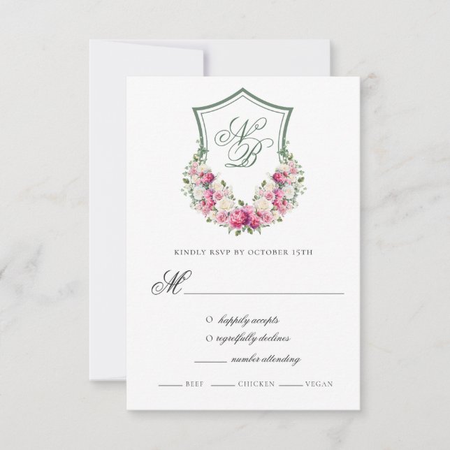 Pink Floral Crest Wedding Response Card (Front)