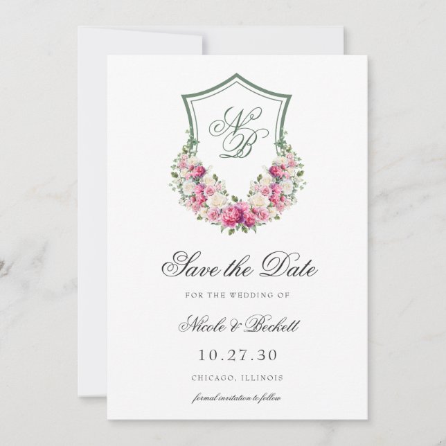 Pink Floral Crest Wedding Save The Date (Front)