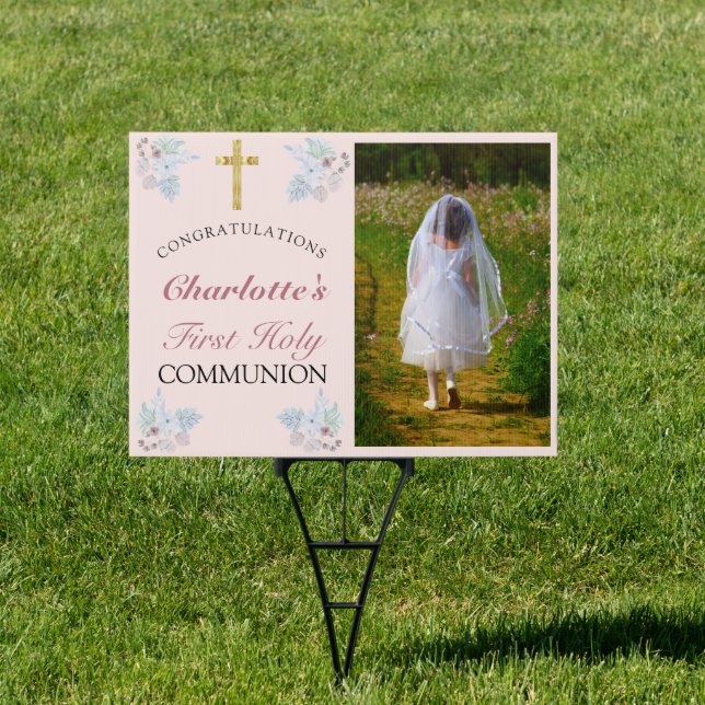 Pink Floral Cross 1st Communion Congratulations Sign (Insitu)