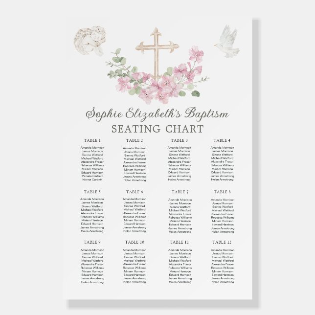 Pink Floral Cross Angel Baptism Seating Chart Foam Board (Front)