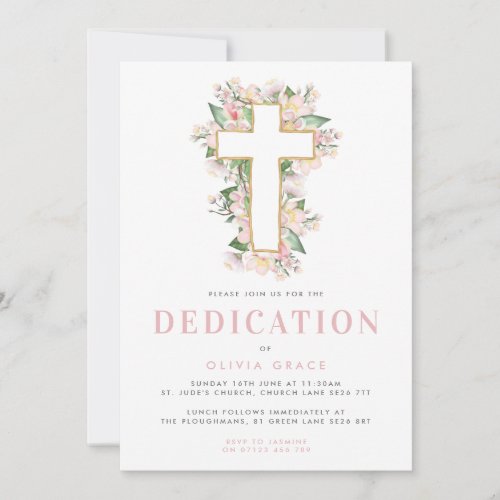 Pink Floral Cross Baby Dedication Invitation
