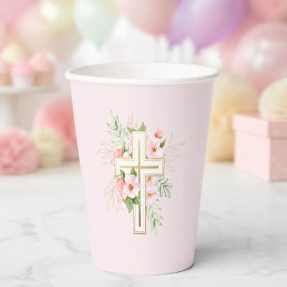Pink Floral Cross Baby Dedication Paper Cups