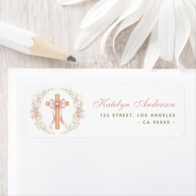 Pink Floral Cross Baptism Christening Address Label (Insitu)