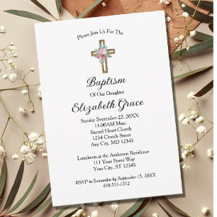 Pink Floral Cross Baptism Christening Invitation