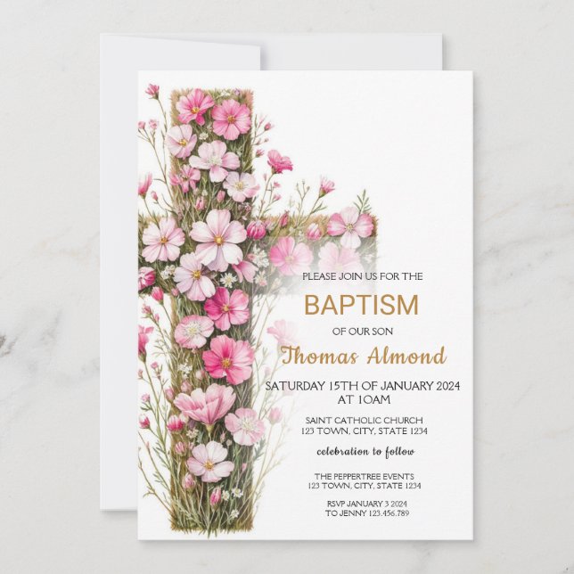 Pink Floral Cross Baptism  Invitation (Front)