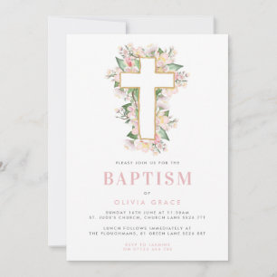 Pink Floral Cross Baptism Invitation