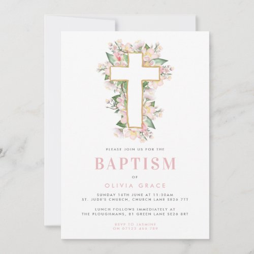 Pink Floral Cross Baptism Invitation