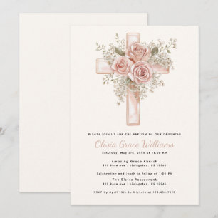 Pink Floral Cross Baptism Invitation