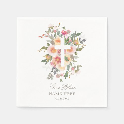 Pink Floral Cross Baptism Paper Napkin