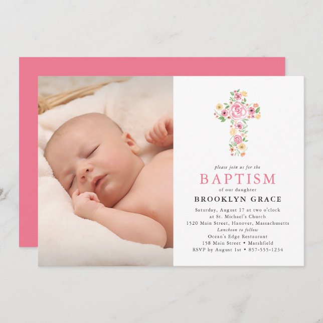 Pink Floral Cross Baptism Photo Invitation (Front/Back)
