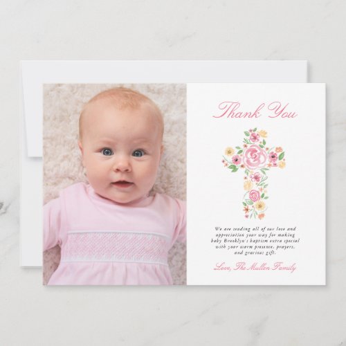 Pink Floral Cross Baptism Photo Thank You