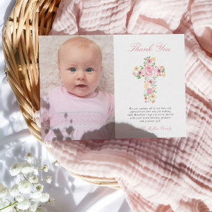 Pink Floral Cross Baptism Photo Thank You Card