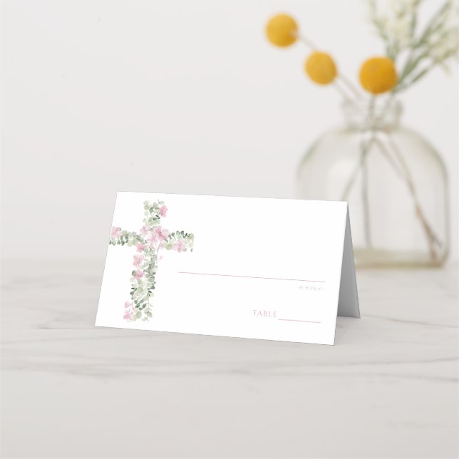 Pink Floral Cross Baptism Table Number Place Card (Front)