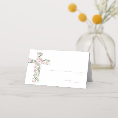Pink Floral Cross Baptism Table Number Place Card