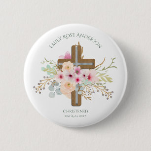 Pink Floral Cross Bouquet Girl Baptism Christening Button