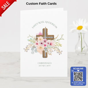 Pink Floral Cross Bouquet Girl Baptism Christening Card