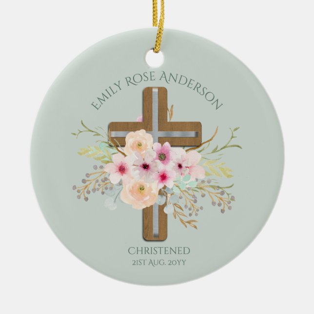 Pink Floral Cross Bouquet Girl Baptism Christening Ceramic Ornament (Front)