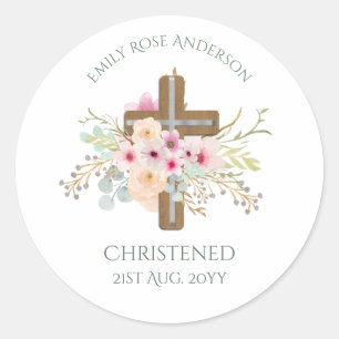 Pink Floral Cross Bouquet Girl Baptism Christening Classic Round Sticker