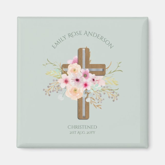 Pink Floral Cross Bouquet Girl Baptism Christening Magnet (Front)