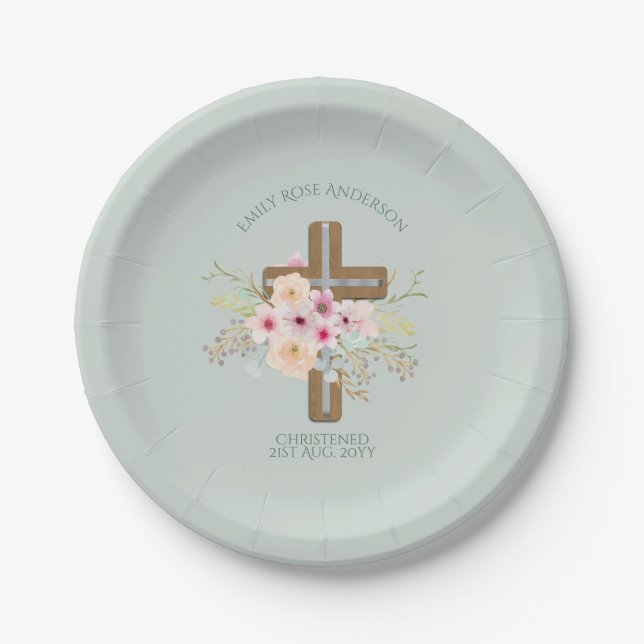 Pink Floral Cross Bouquet Girl Baptism Christening Paper Plates (Front)