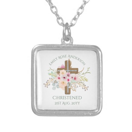 Pink Floral Cross Bouquet Girl Baptism Christening Silver Plated Necklace