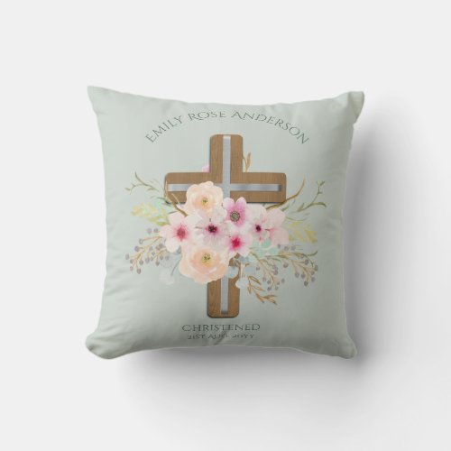 Pink Floral Cross Bouquet Girl Baptism Christening Throw Pillow