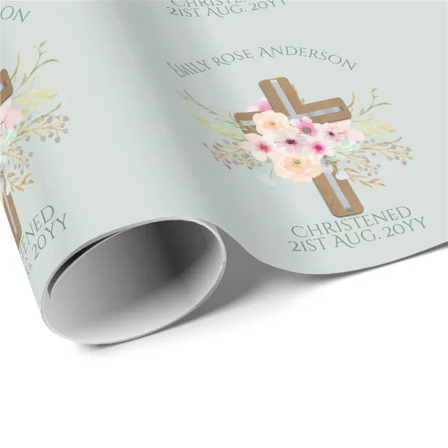 Pink Floral Cross Bouquet Girl Baptism Christening Wrapping Paper Zazzle