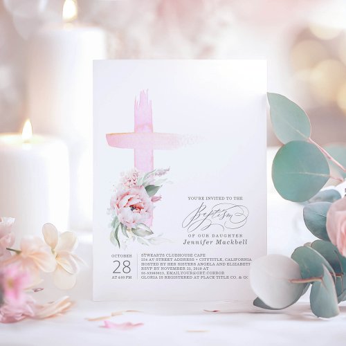 Pink Floral Cross Elegant Modern Girl Baptism Invitation