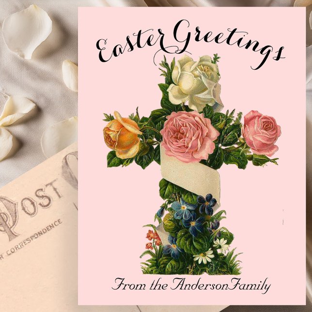 Pink Floral Cross Elegant Religious Easter Postcard (Creator Uploaded)