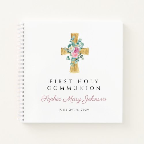 Pink Floral Cross First Communion Guestbook Notebook