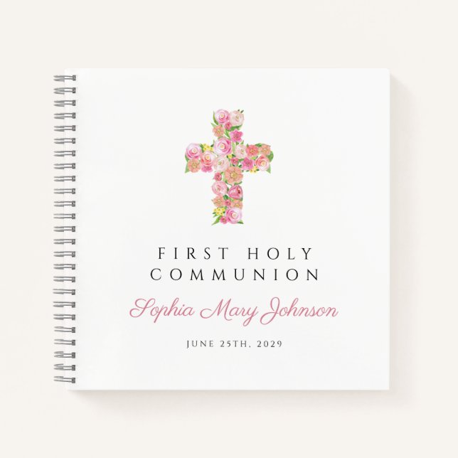 Pink Floral Cross First Communion Guestbook Notebook (Front)