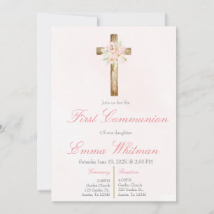 Pink floral cross first communion invitation