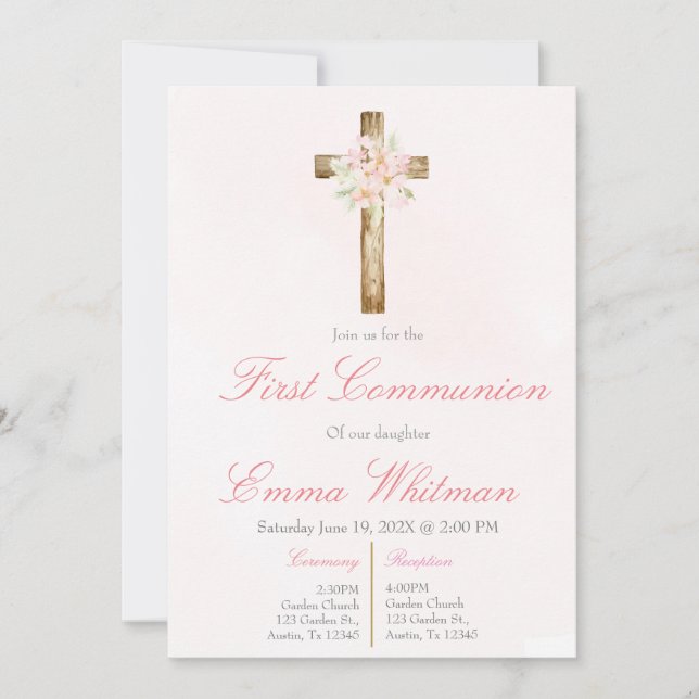 Pink floral cross first communion  invitation (Front)
