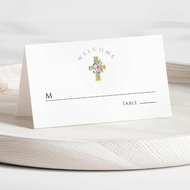 Pink Floral Cross First Communion Place Card (Front - Pink Floral Cross First Communion Place Card)
