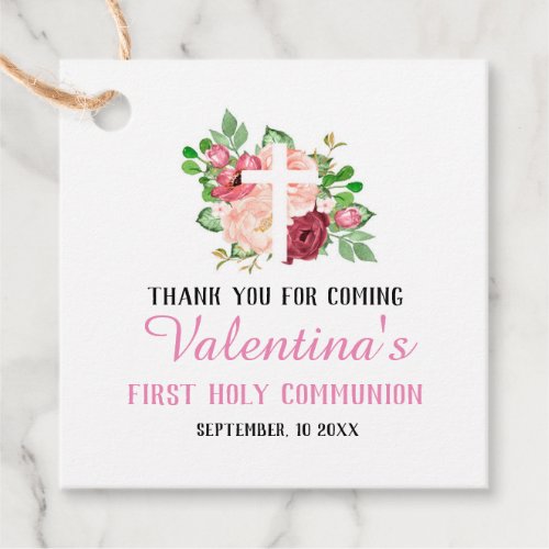 Pink Floral Cross First Holy Communion Favor Tags