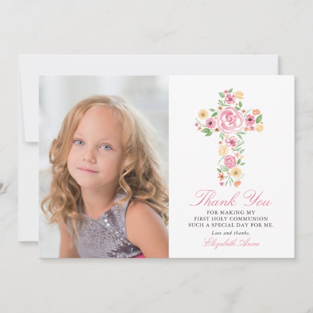 Pink Floral Cross First Holy Communion Thank You Card (Front)