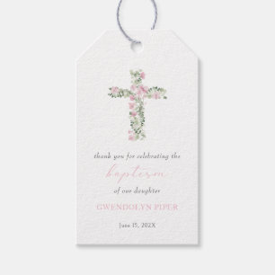 Pink Floral Cross Girl Baptism Favor Tag