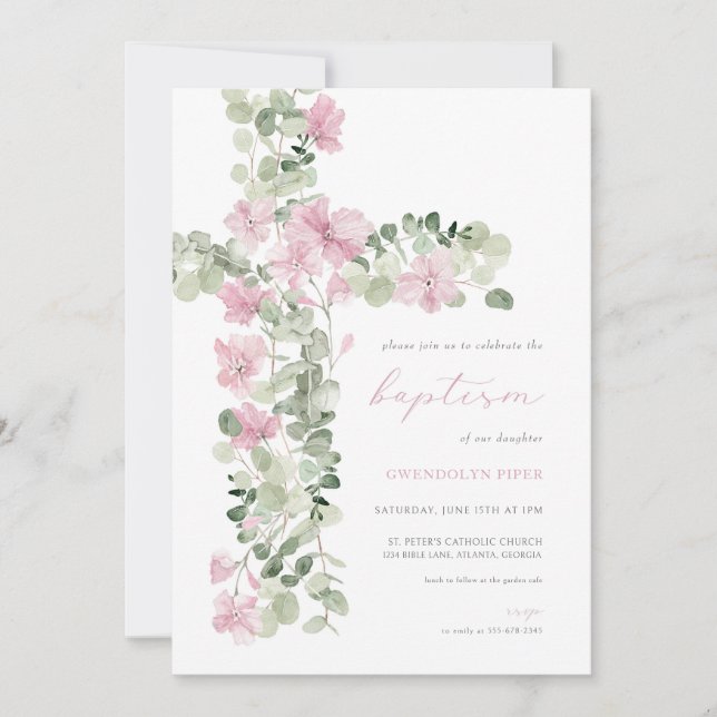 Pink Floral Cross Girl Baptism Invitation (Front)