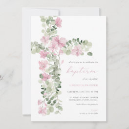 Pink Floral Cross Girl Baptism Invitation
