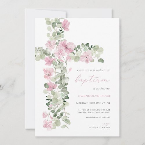 Pink Floral Cross Girl Baptism Invitation